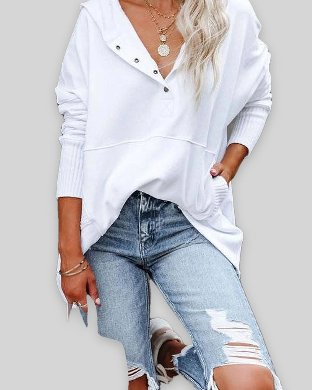 Women's Oversized Hoodie with Snap Placket and Ribbed Cuffs and Hem – Mabel Jane