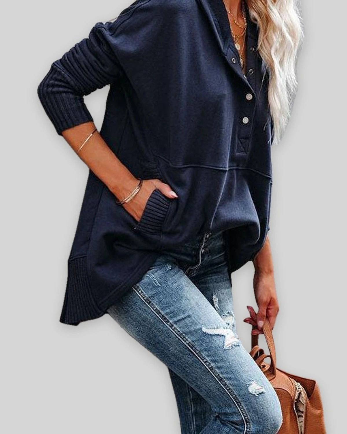 Women's Oversized Hoodie with Snap Placket and Ribbed Cuffs and Hem – Mabel Jane