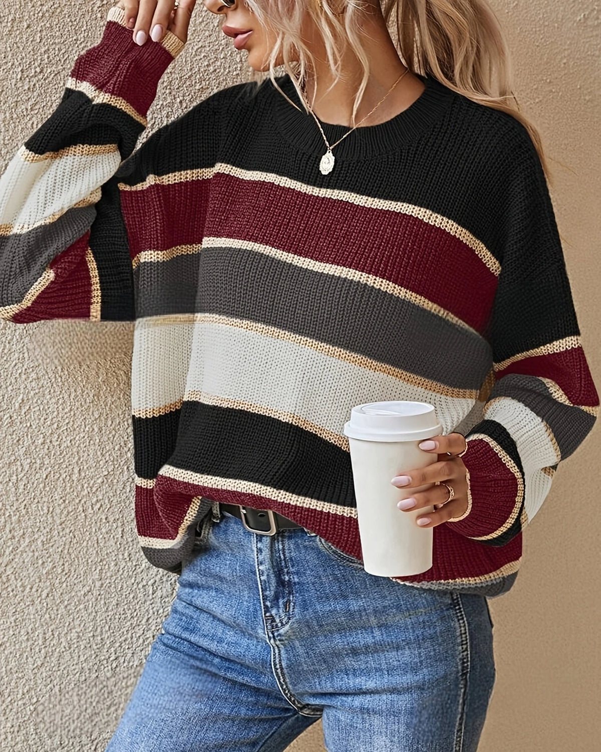 Women's Oversized Knit Jumper with Crew Neck in Striped Colour Block – Nell Jane
