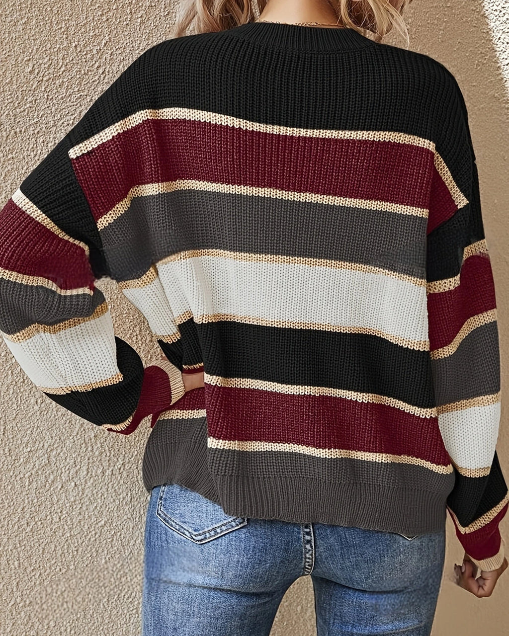 Women's Oversized Knit Jumper with Crew Neck in Striped Colour Block – Nell Jane