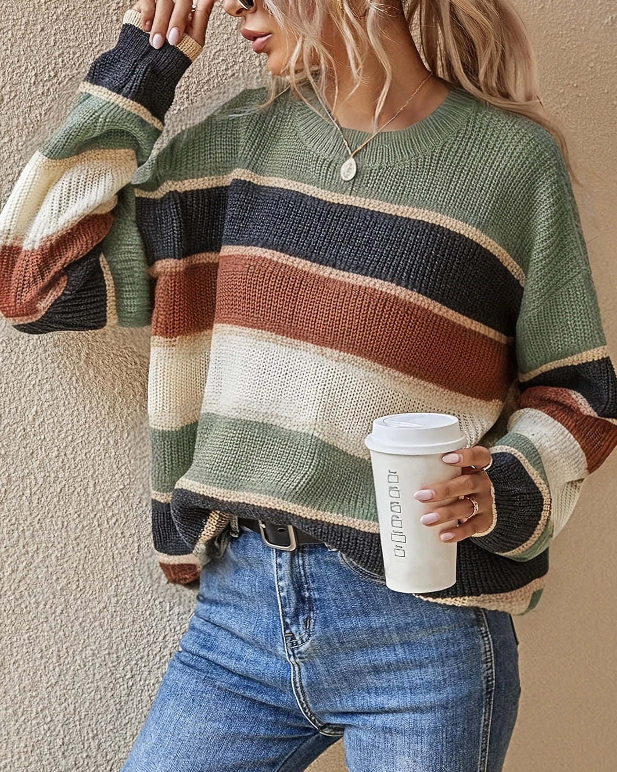 Women's Oversized Knit Jumper with Crew Neck in Striped Colour Block – Nell Jane