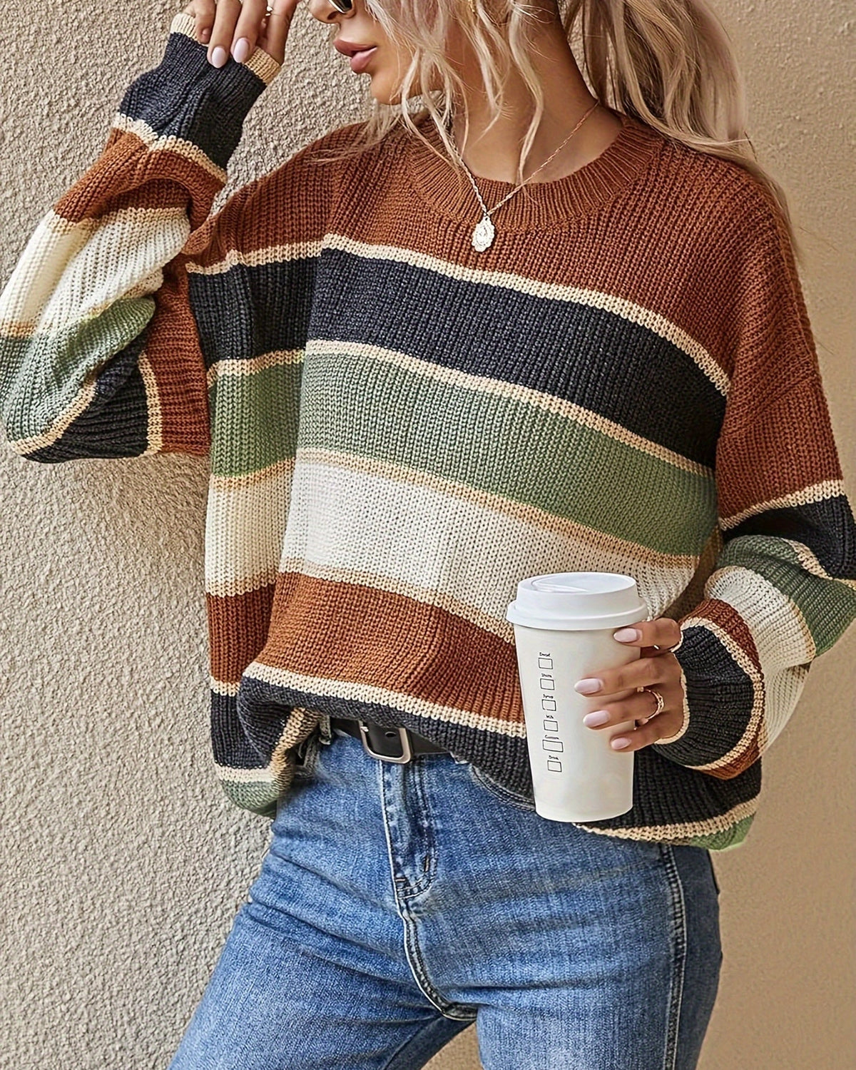 Women's Oversized Knit Jumper with Crew Neck in Striped Colour Block – Nell Jane