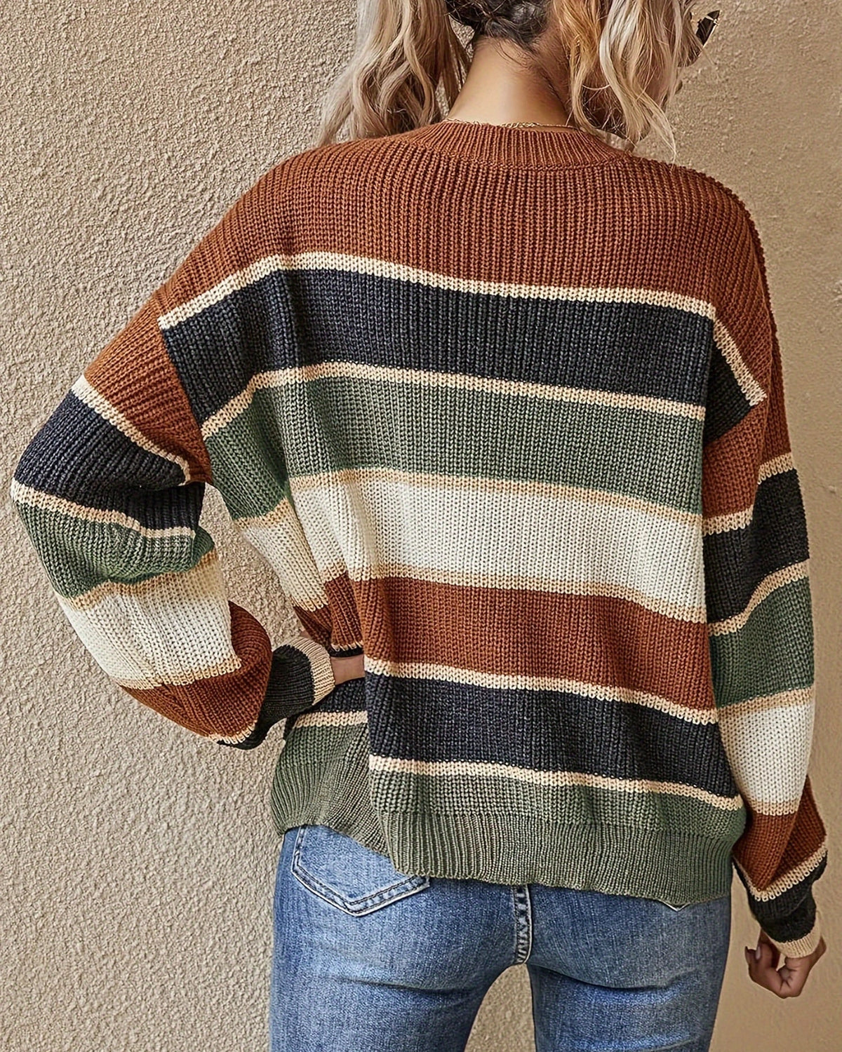 Women's Oversized Knit Jumper with Crew Neck in Striped Colour Block – Nell Jane