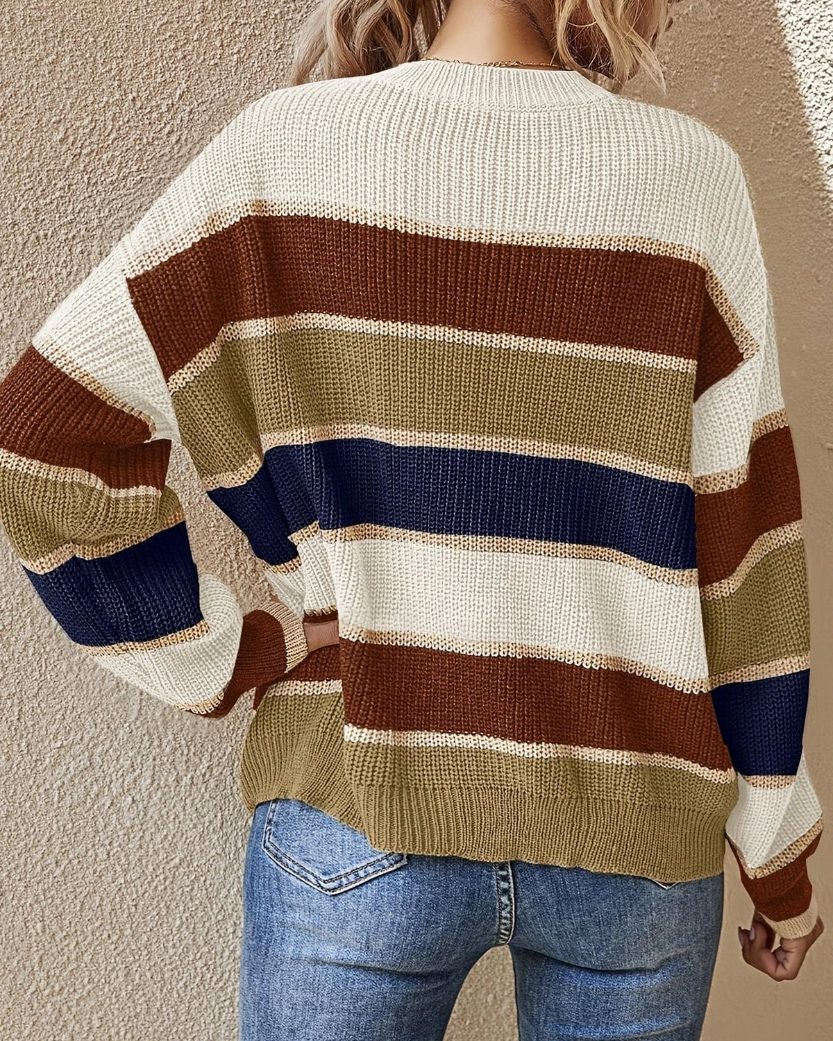 Women's Oversized Knit Jumper with Crew Neck in Striped Colour Block – Nell Jane