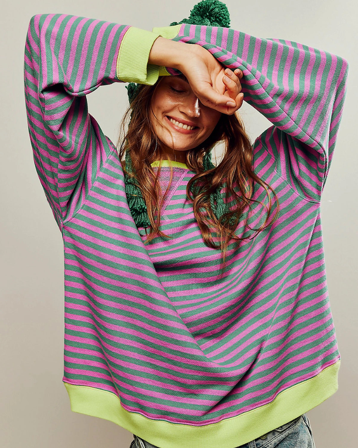 Women's Oversized Striped Sweatshirt with Contrast Trim and Drop Shoulders – Lark