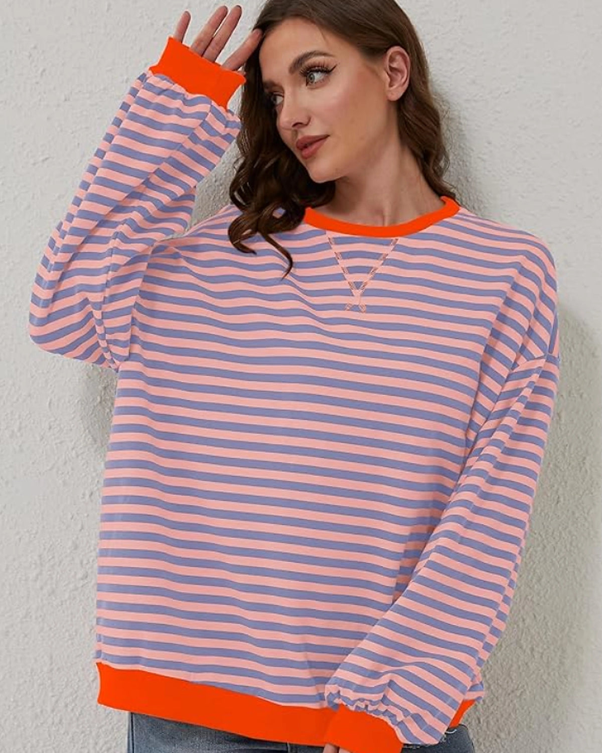 Women's Oversized Striped Sweatshirt with Contrast Trim and Drop Shoulders – Lark