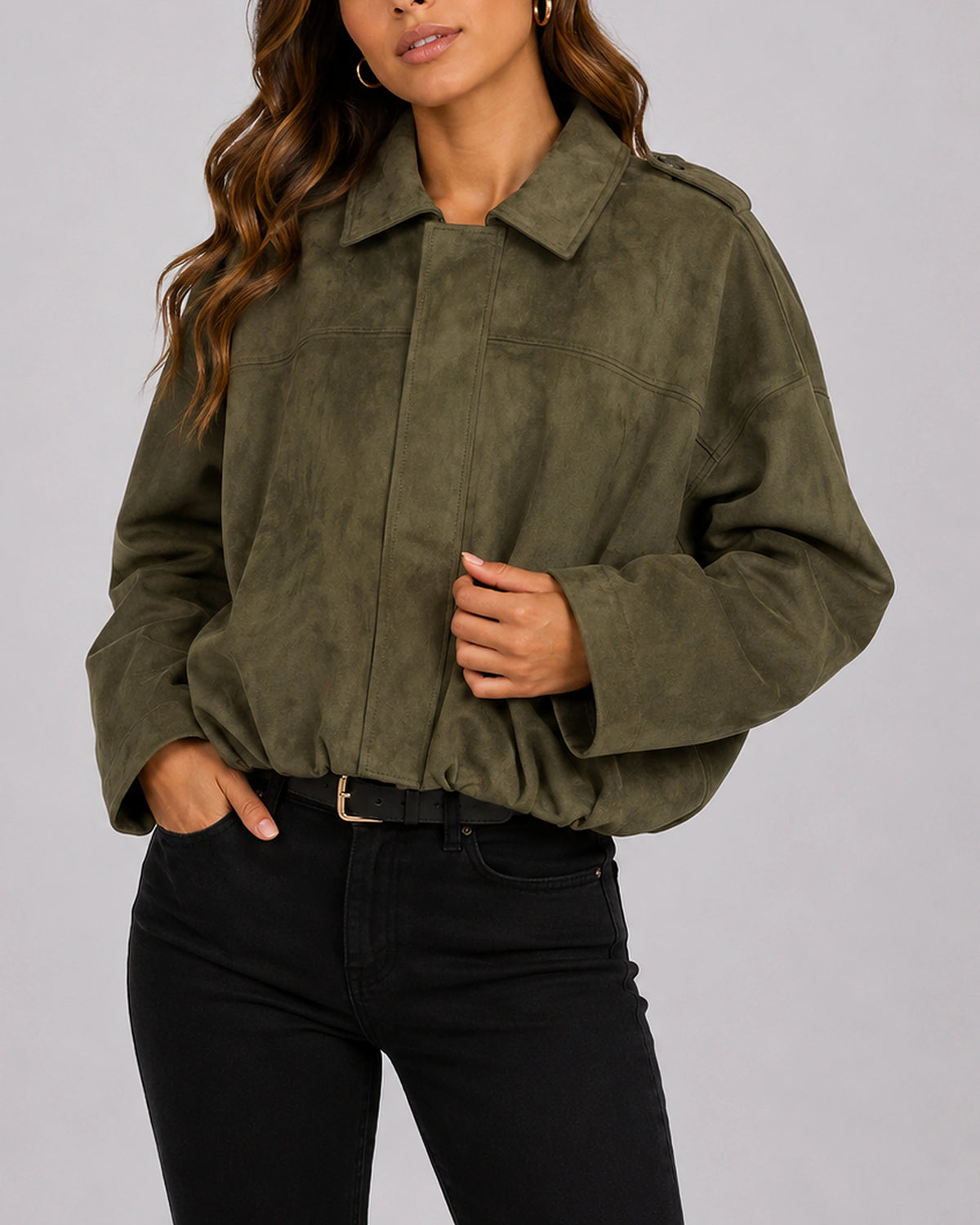 Women's Oversized Suede Bomber Jacket with Structured Collar – Faye