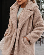 Women's Oversized Teddy Coat with Shawl Collar and Pockets in Beige – Evie Belle