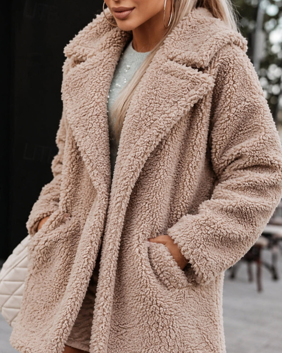 Women's Oversized Teddy Coat with Shawl Collar and Pockets in Beige – Evie Belle