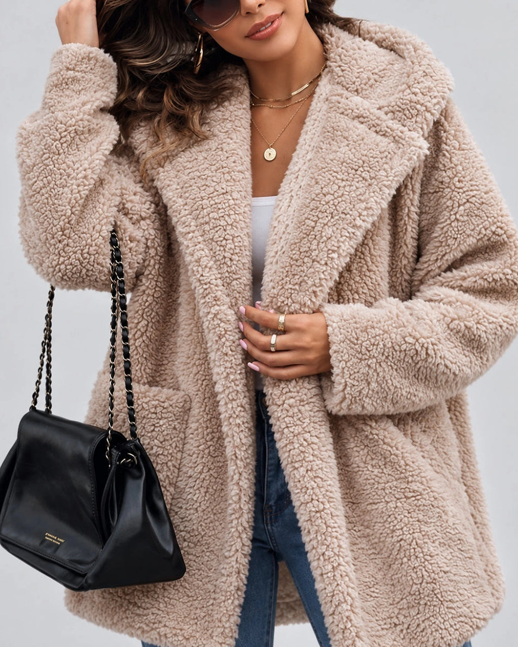 Women's Oversized Teddy Coat with Shawl Collar and Pockets in Beige – Evie Belle