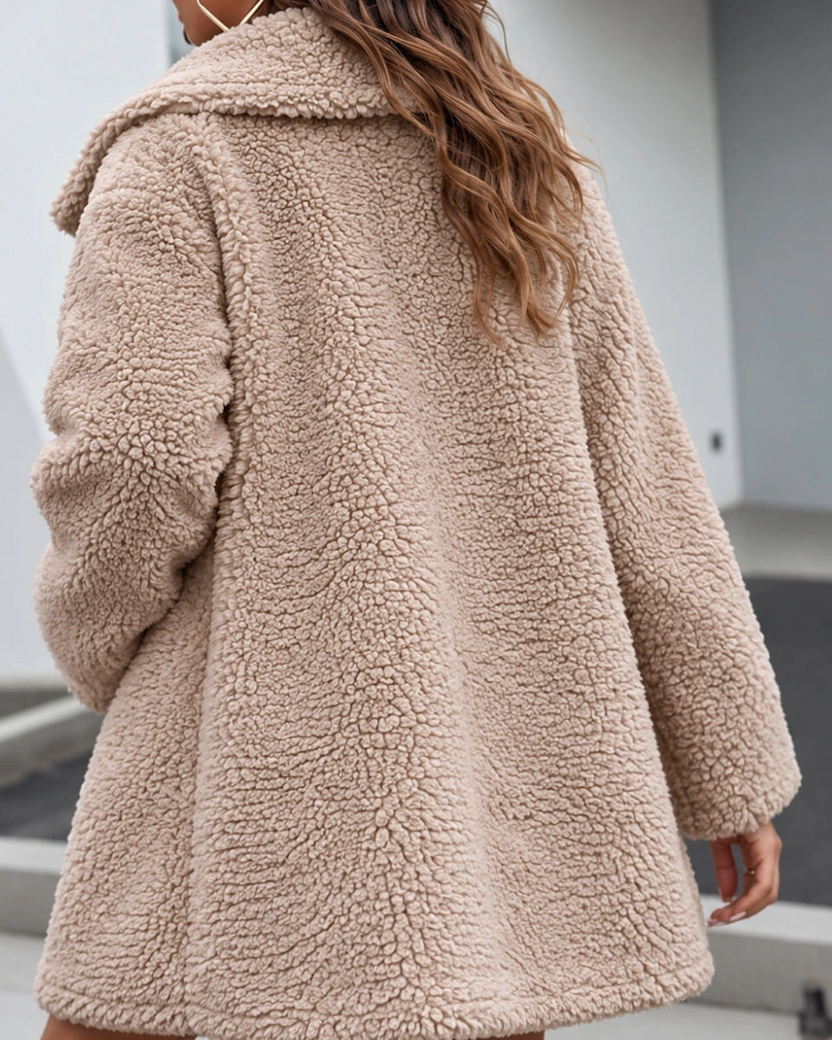 Women's Oversized Teddy Coat with Shawl Collar and Pockets in Beige – Evie Belle