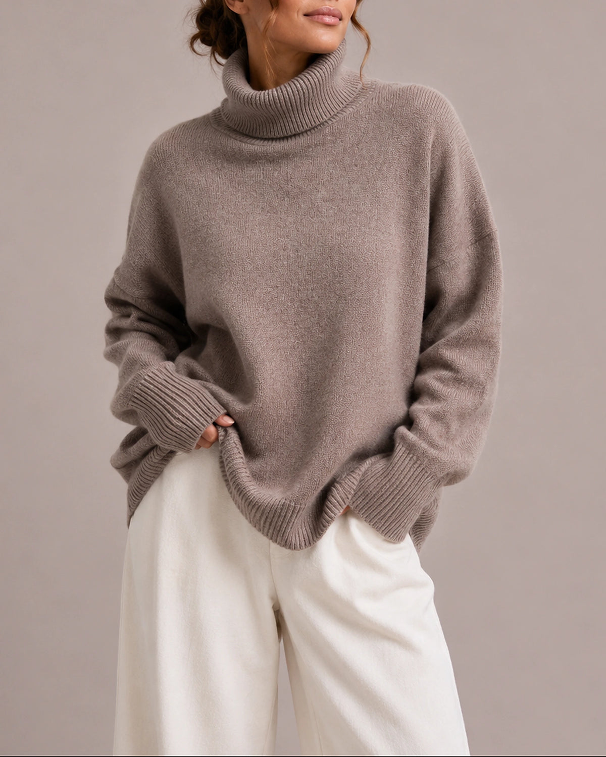 Women's Turtleneck Jumper with Ribbed Cuffs and Hem, Oversized Knit – Fleur
