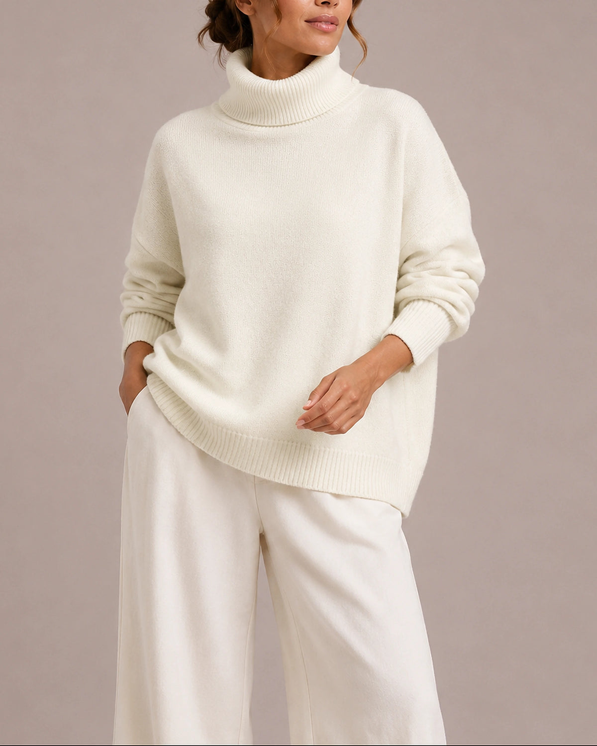 Women's Turtleneck Jumper with Ribbed Cuffs and Hem, Oversized Knit – Fleur