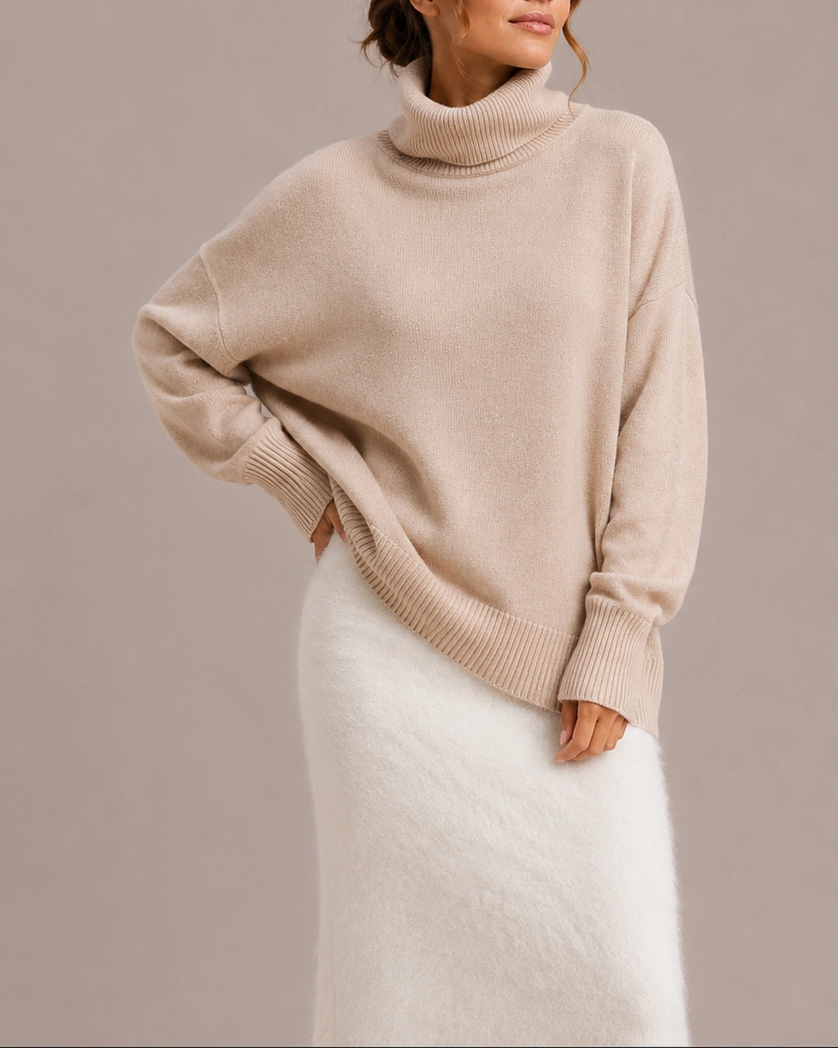 Women's Turtleneck Jumper with Ribbed Cuffs and Hem, Oversized Knit – Fleur