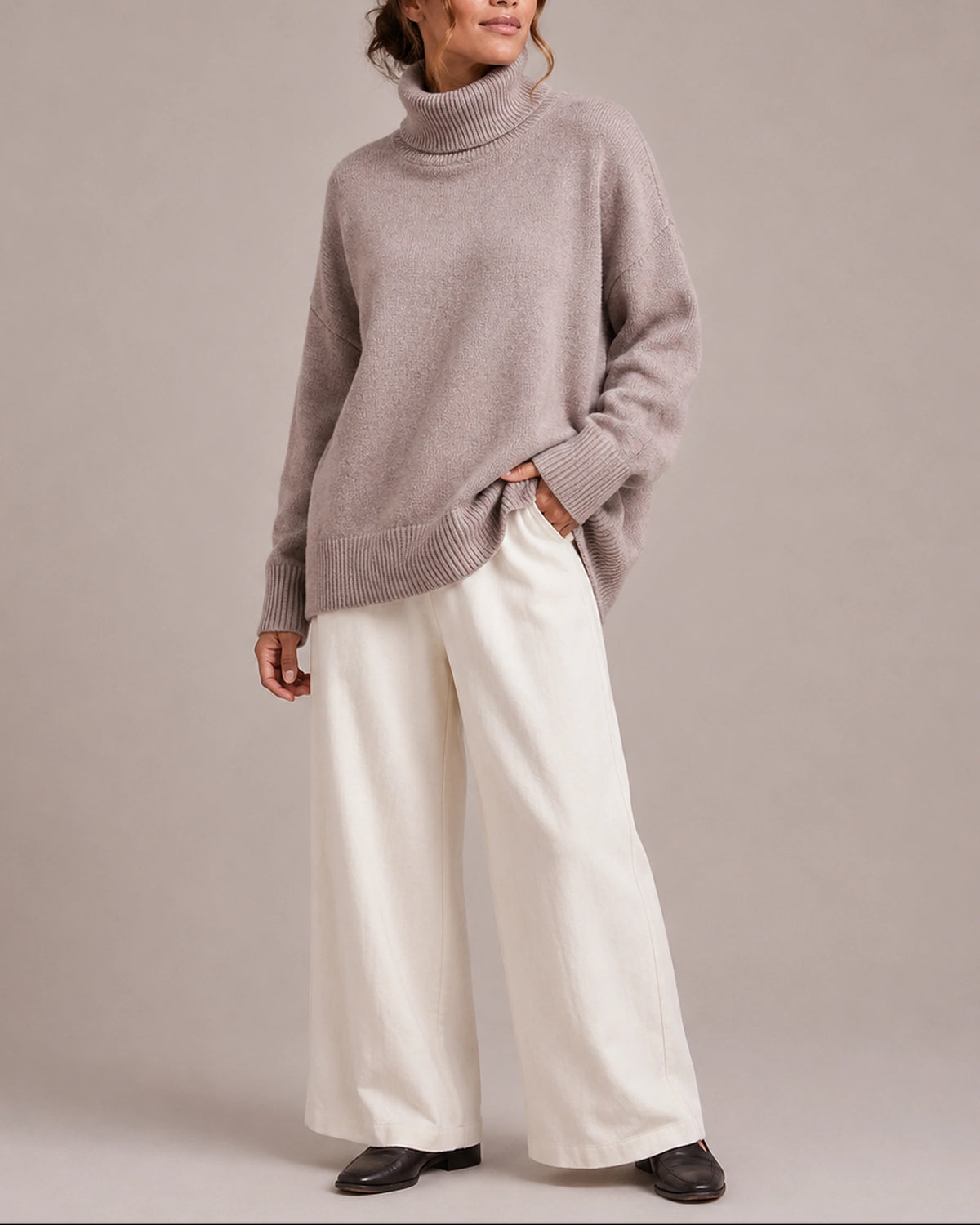 Women's Turtleneck Jumper with Ribbed Cuffs and Hem, Oversized Knit – Fleur
