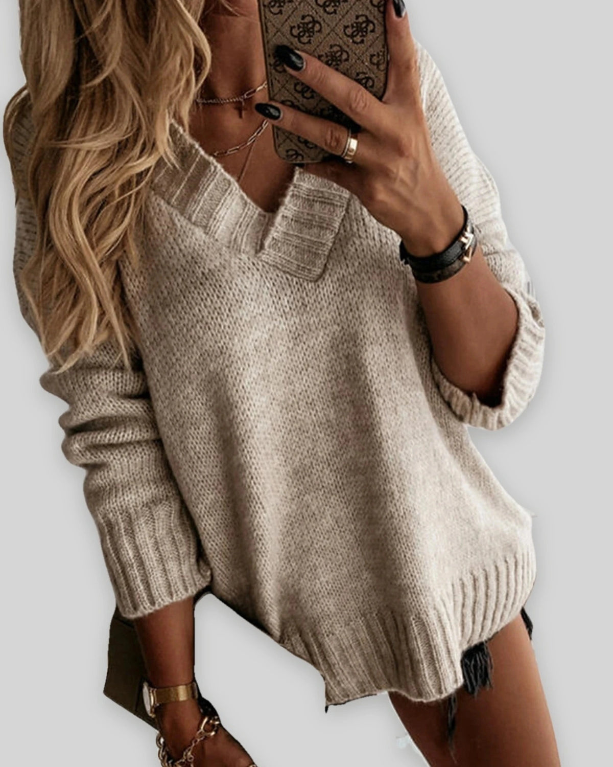 Women's Oversized V-Neck Knit Jumper with Ribbed Cuffs and Hem – Nell Belle