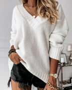 Women's Oversized V-Neck Knit Jumper with Ribbed Cuffs and Hem – Nell Belle