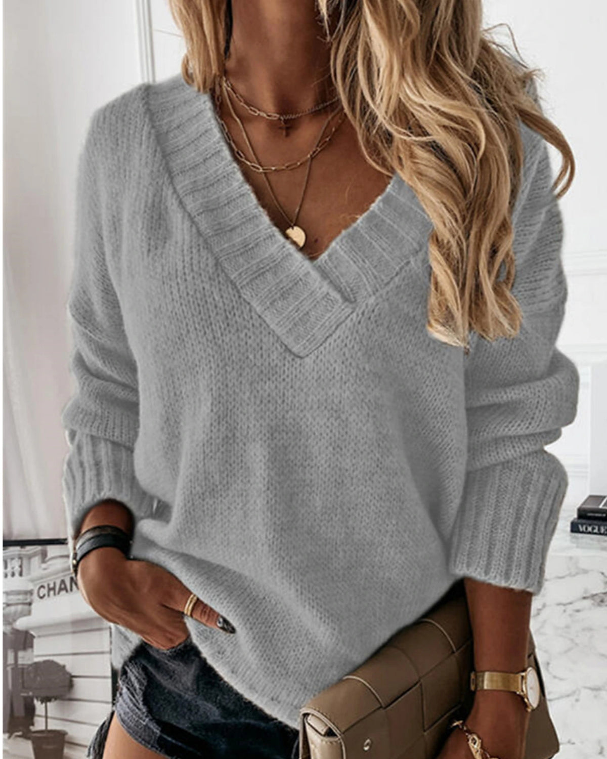 Women's Oversized V-Neck Knit Jumper with Ribbed Cuffs and Hem – Nell Belle