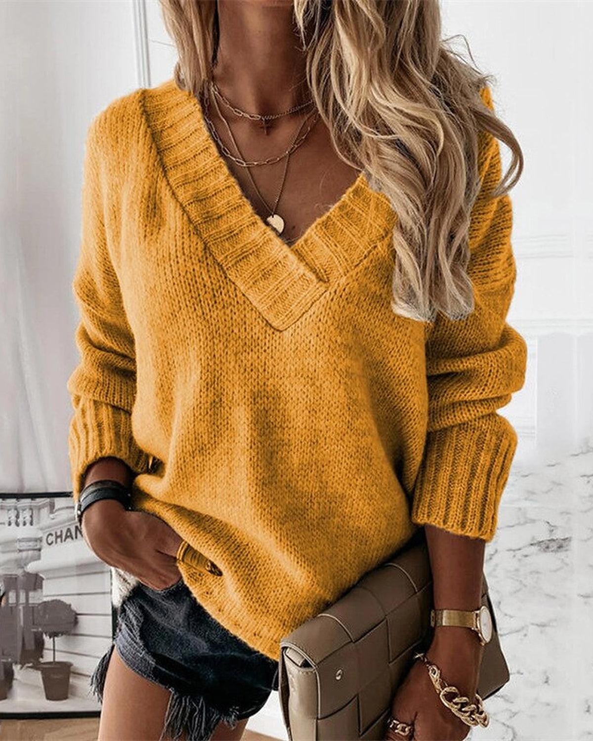 Women's Oversized V-Neck Knit Jumper with Ribbed Cuffs and Hem – Nell Belle