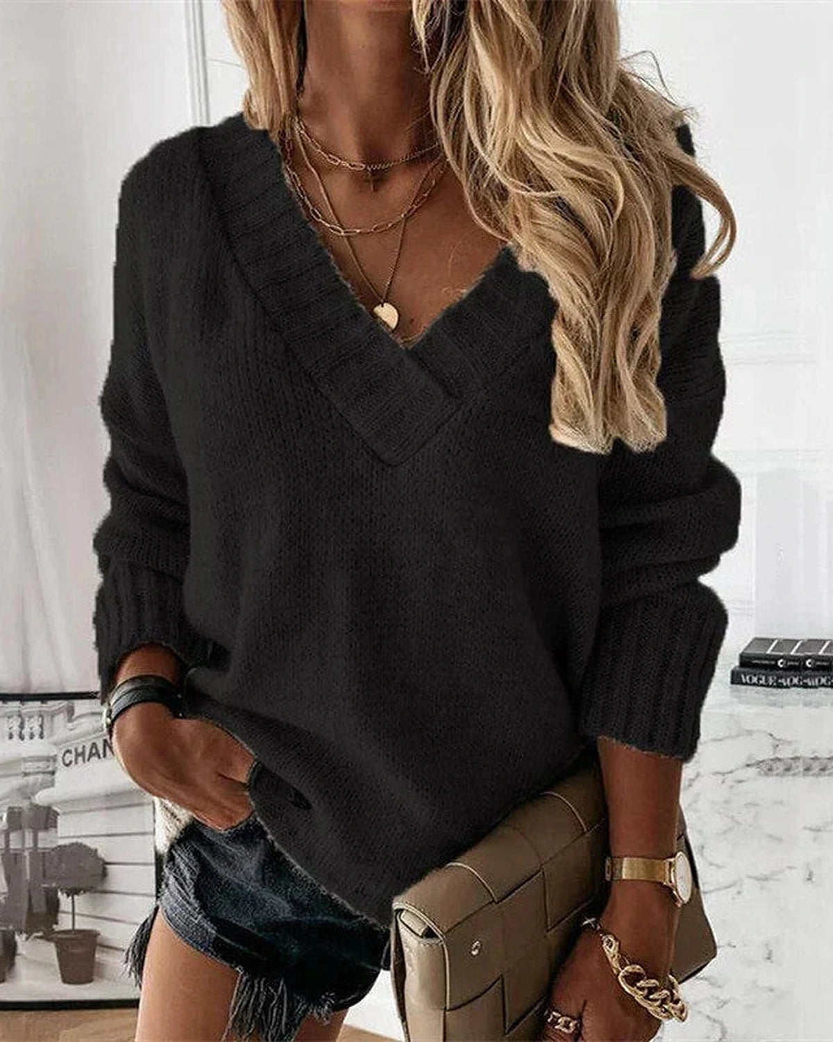 Women's Knit Jumper with a V Neck and Ribbed Trim, Oversized Fit – Talia Mae