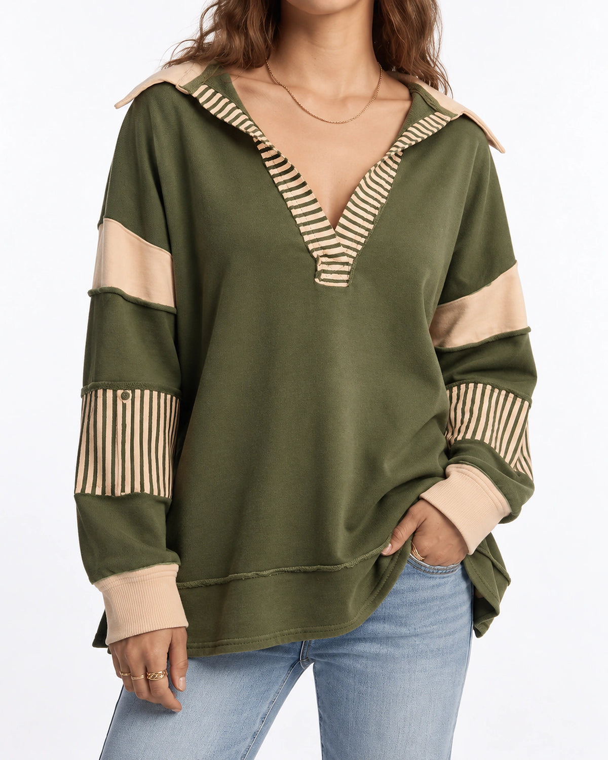 Women's Sweatshirt with Collared V-Neck and Striped Sleeve Panels, Oversized Fit – Aurora