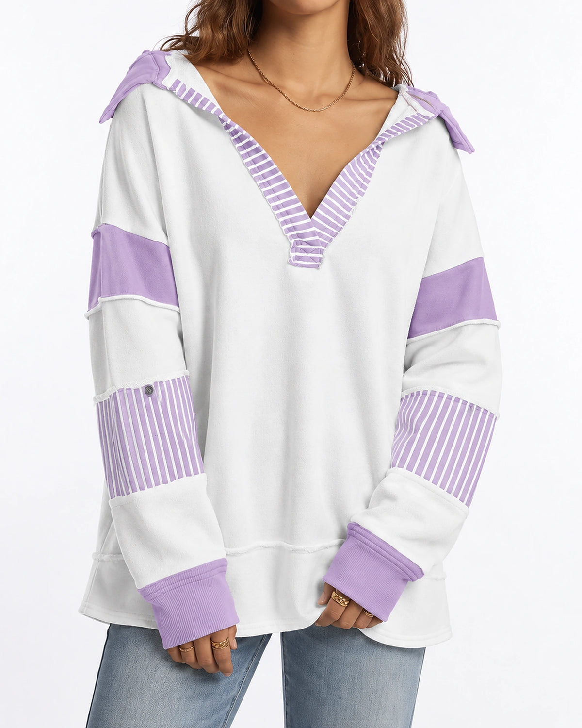 Women's Sweatshirt with Collared V-Neck and Striped Sleeve Panels, Oversized Fit – Aurora
