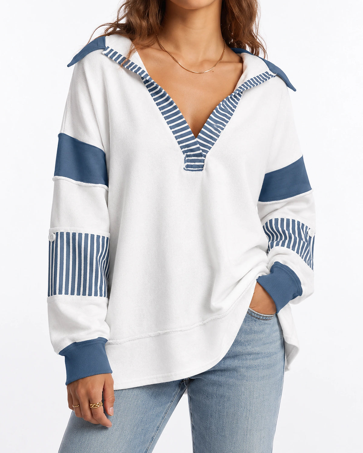 Women's Sweatshirt with Collared V-Neck and Striped Sleeve Panels, Oversized Fit – Aurora