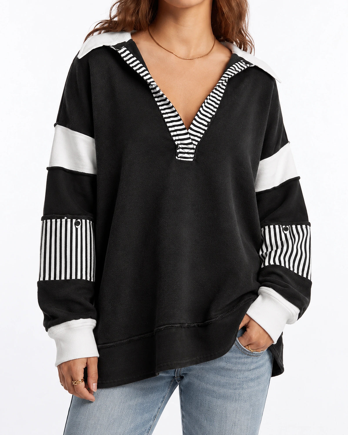 Women's Sweatshirt with Collared V-Neck and Striped Sleeve Panels, Oversized Fit – Aurora