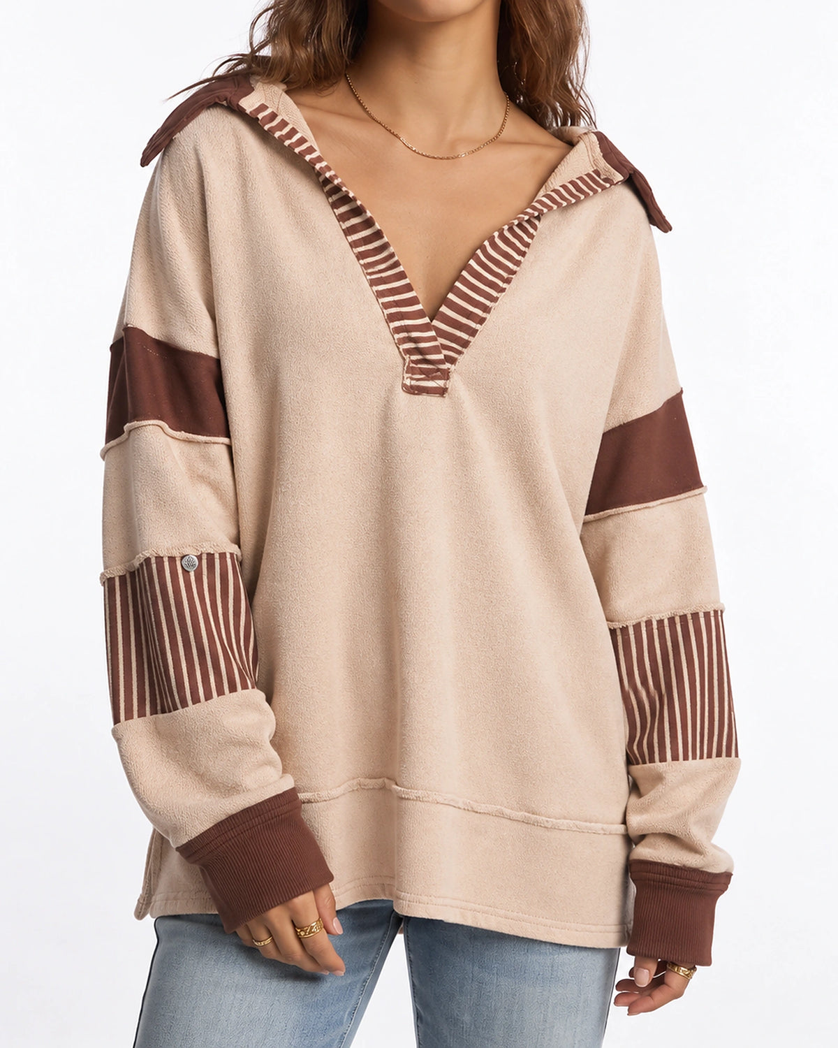 Women's Sweatshirt with Collared V-Neck and Striped Sleeve Panels, Oversized Fit – Aurora