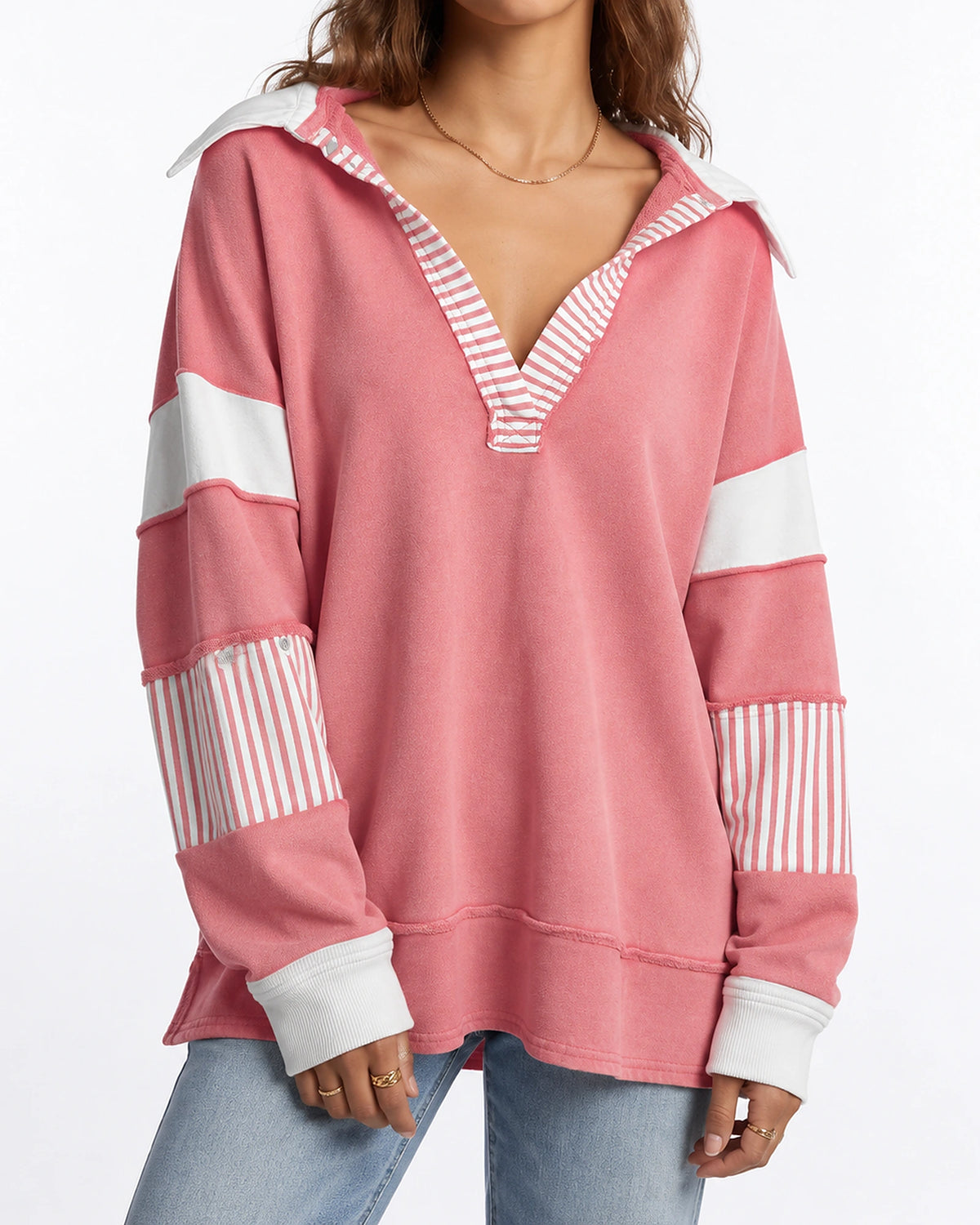 Women's Sweatshirt with Collared V-Neck and Striped Sleeve Panels, Oversized Fit – Aurora