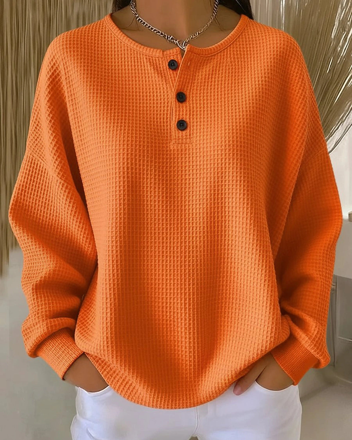 Women's Oversized Waffle Knit Sweatshirt with Henley Neckline and Drop Shoulders – Sabine