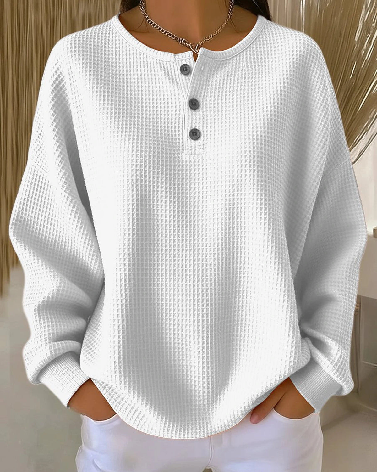 Women's Oversized Waffle Knit Sweatshirt with Henley Neckline and Drop Shoulders – Sabine