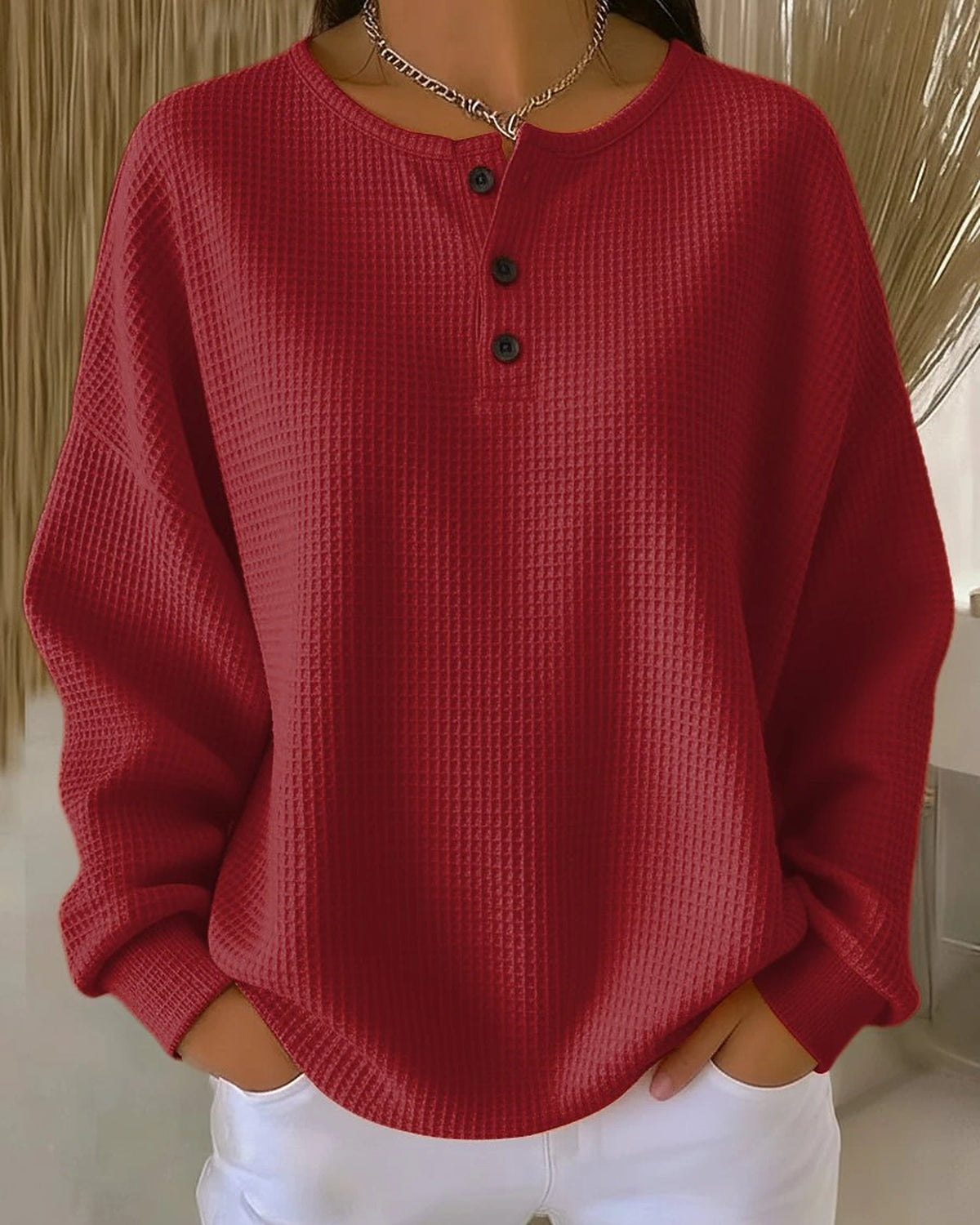 Women's Oversized Waffle Knit Sweatshirt with Henley Neckline and Drop Shoulders – Sabine