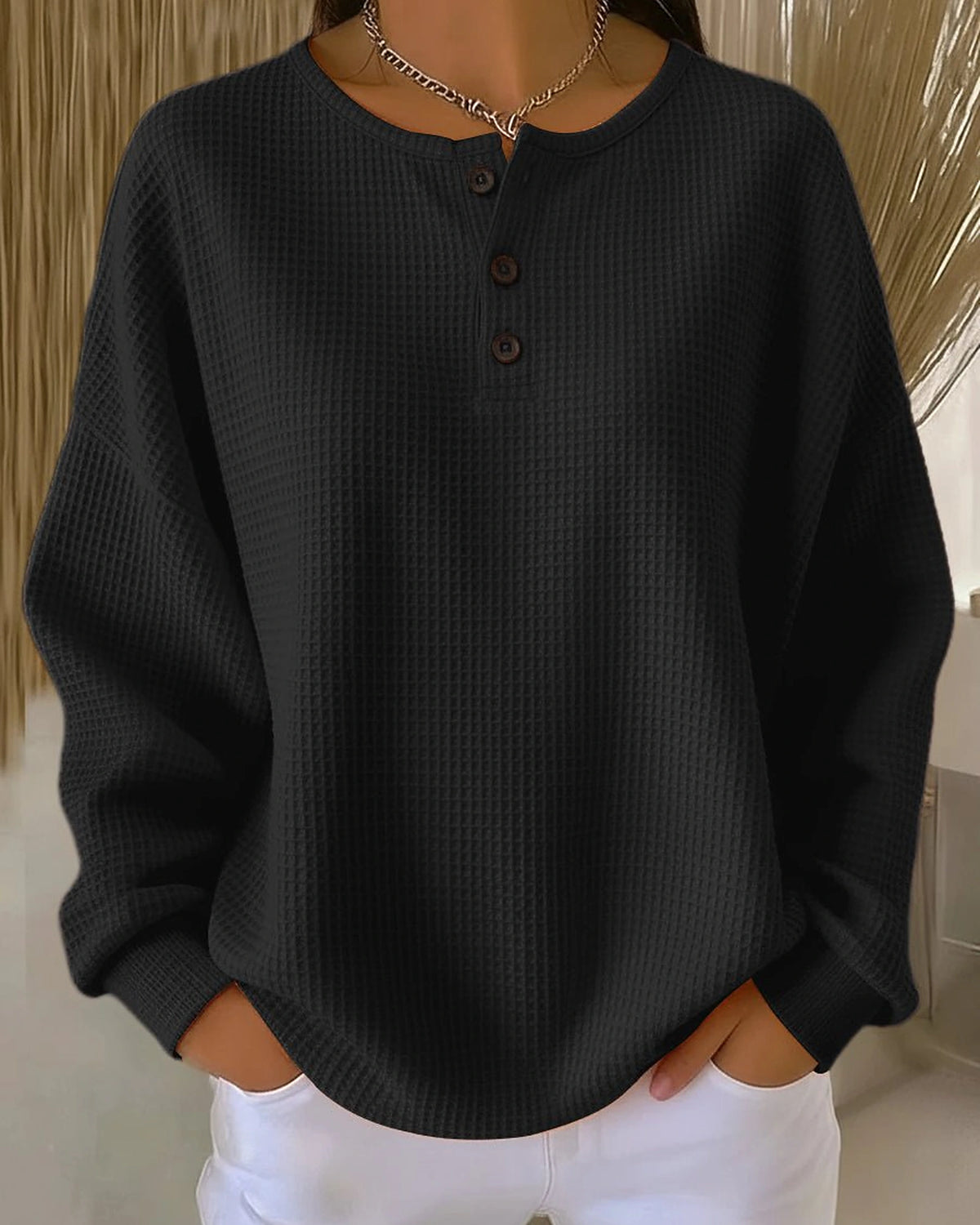 Women's Oversized Waffle Knit Sweatshirt with Henley Neckline and Drop Shoulders – Sabine
