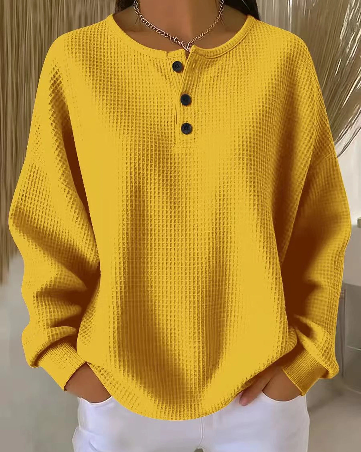 Women's Oversized Waffle Knit Sweatshirt with Henley Neckline and Drop Shoulders – Sabine