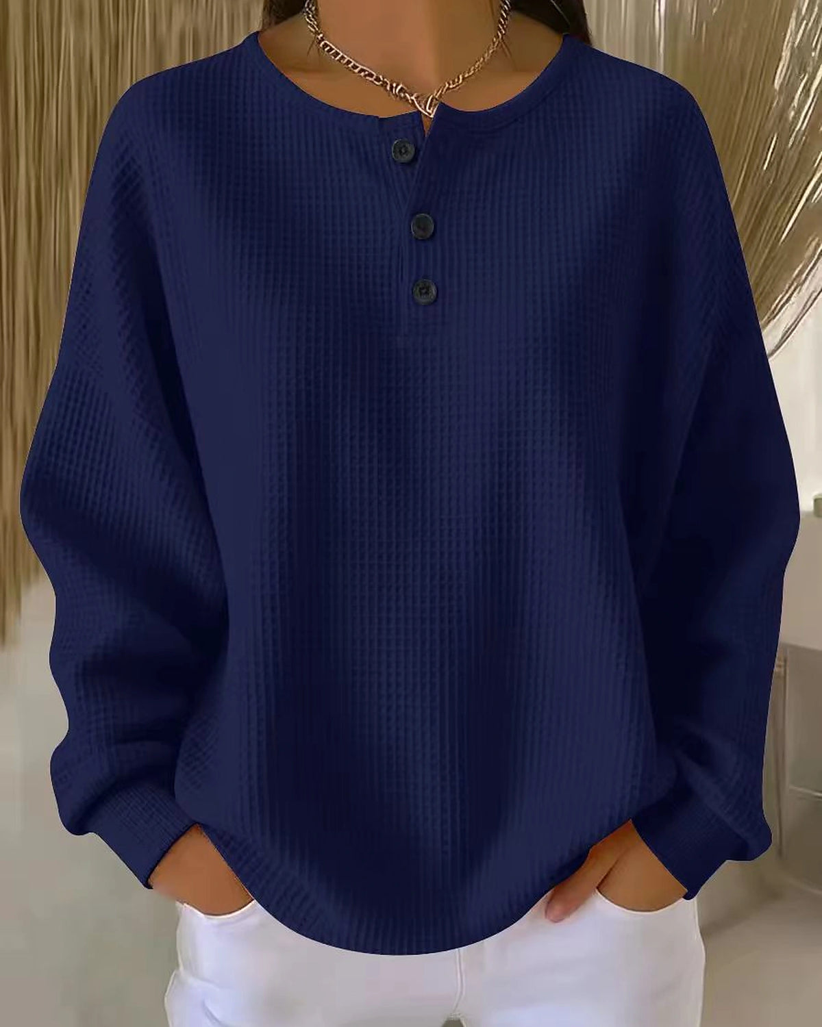 Women's Oversized Waffle Knit Sweatshirt with Henley Neckline and Drop Shoulders – Sabine