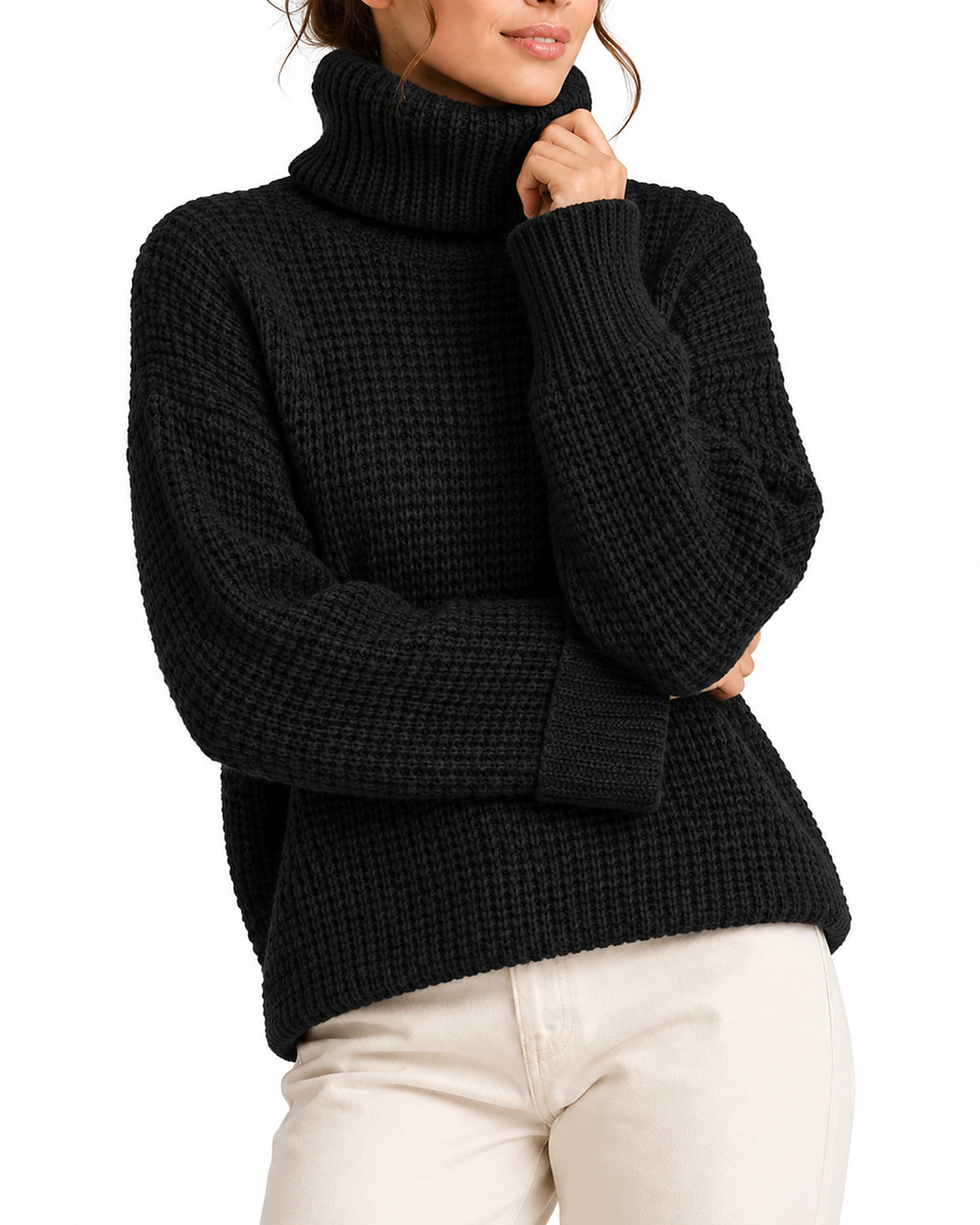 Women's Oversized Turtleneck Jumper with Waffle Knit Texture and Ribbed Cuffs – Maren