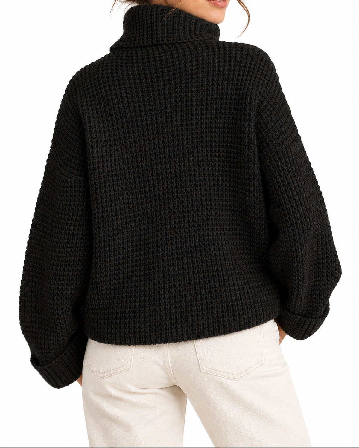 Women's Oversized Turtleneck Jumper with Waffle Knit Texture and Ribbed Cuffs – Maren