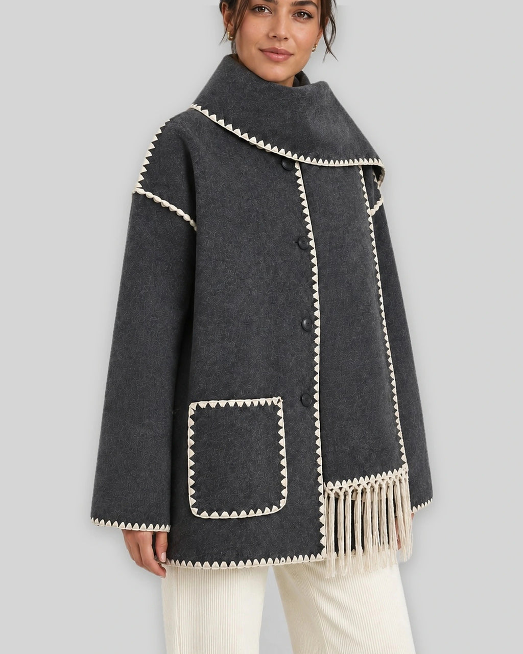 Women's Coat with Scarf Collar and Fringe Trim, Oversized Wool-Look Fit – Josie Belle