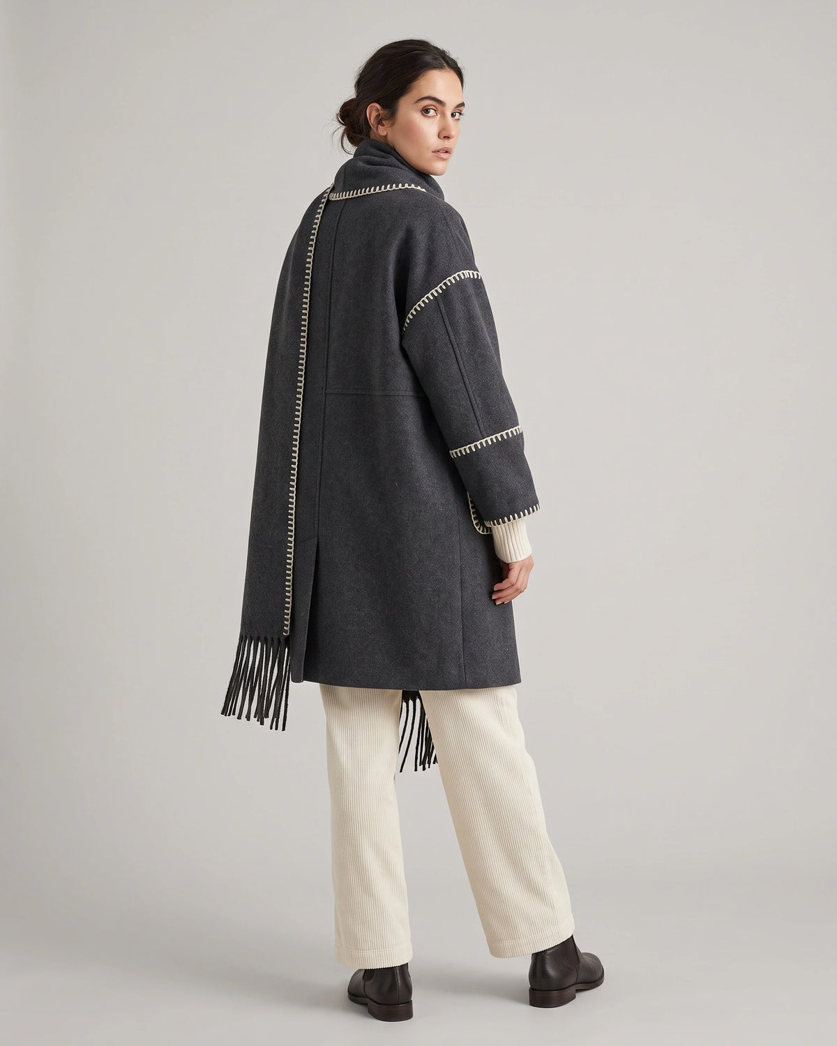 Women's Coat with Scarf Collar and Fringe Trim, Oversized Wool-Look Fit – Josie Belle