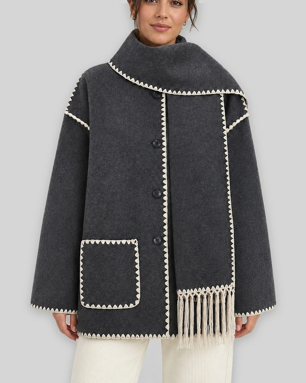 Women's Coat with Scarf Collar and Fringe Trim, Oversized Wool-Look Fit – Josie Belle
