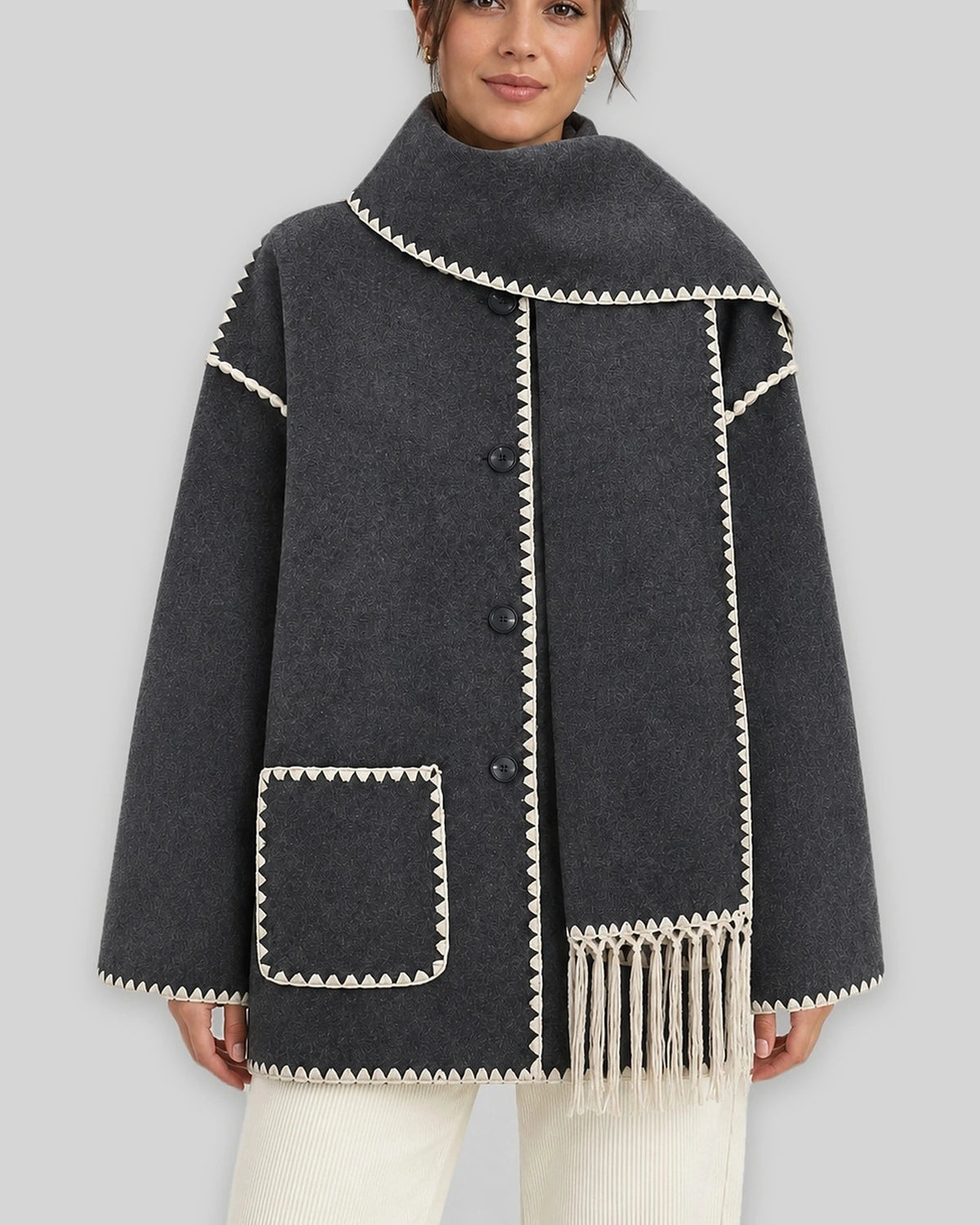 Women's Coat with Scarf Collar and Fringe Trim, Oversized Wool-Look Fit – Josie Belle