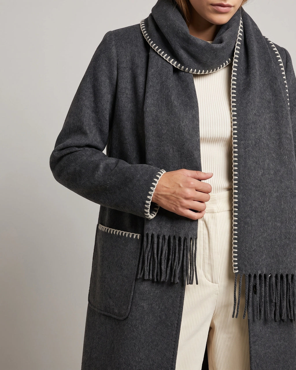 Women's Coat with Scarf Collar and Fringe Trim, Oversized Wool-Look Fit – Josie Belle