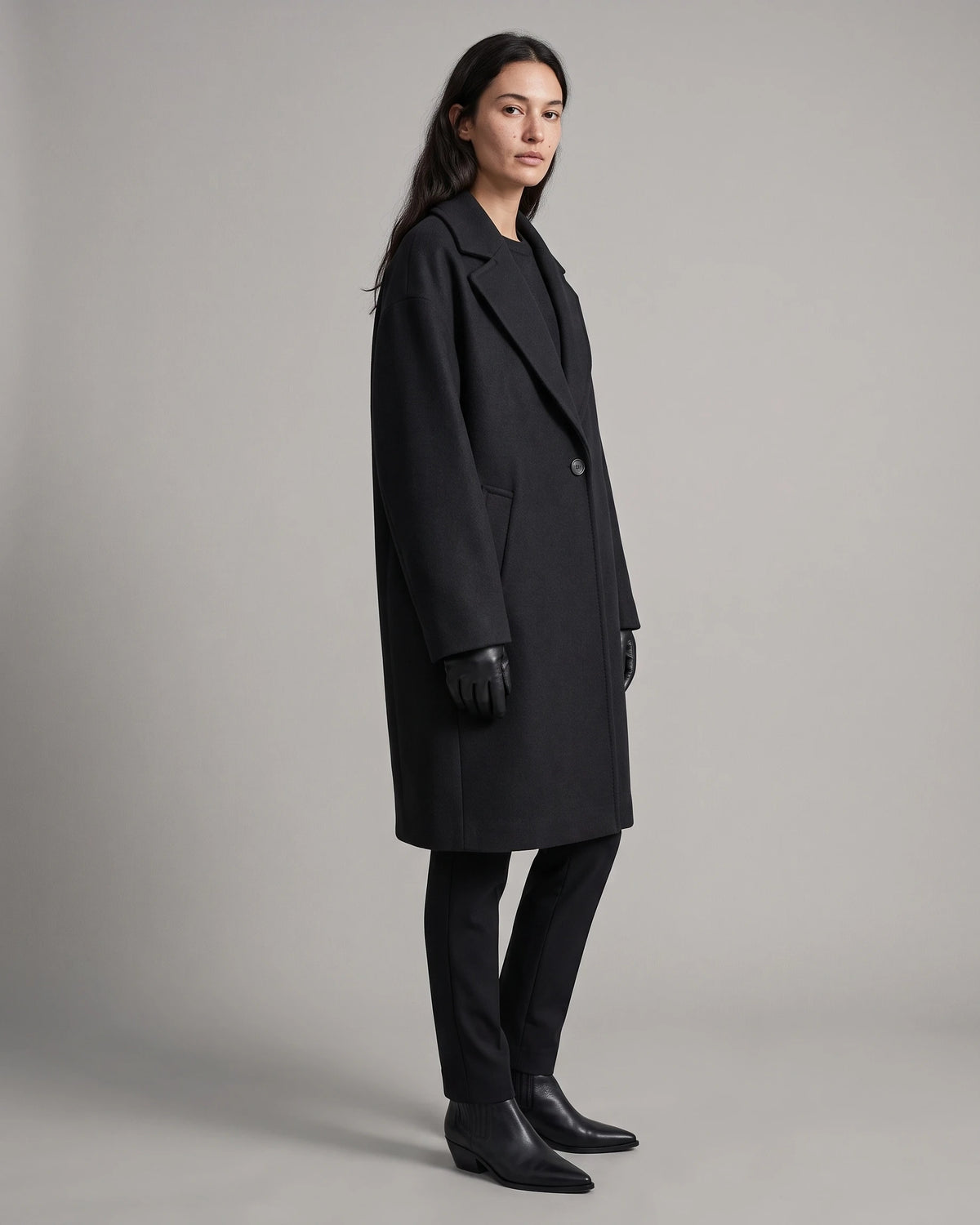 Women's Oversized Wool Coat Midi Length with Notched Lapel, Button Fastening, Wool Blend Oversized Coat – Emma
