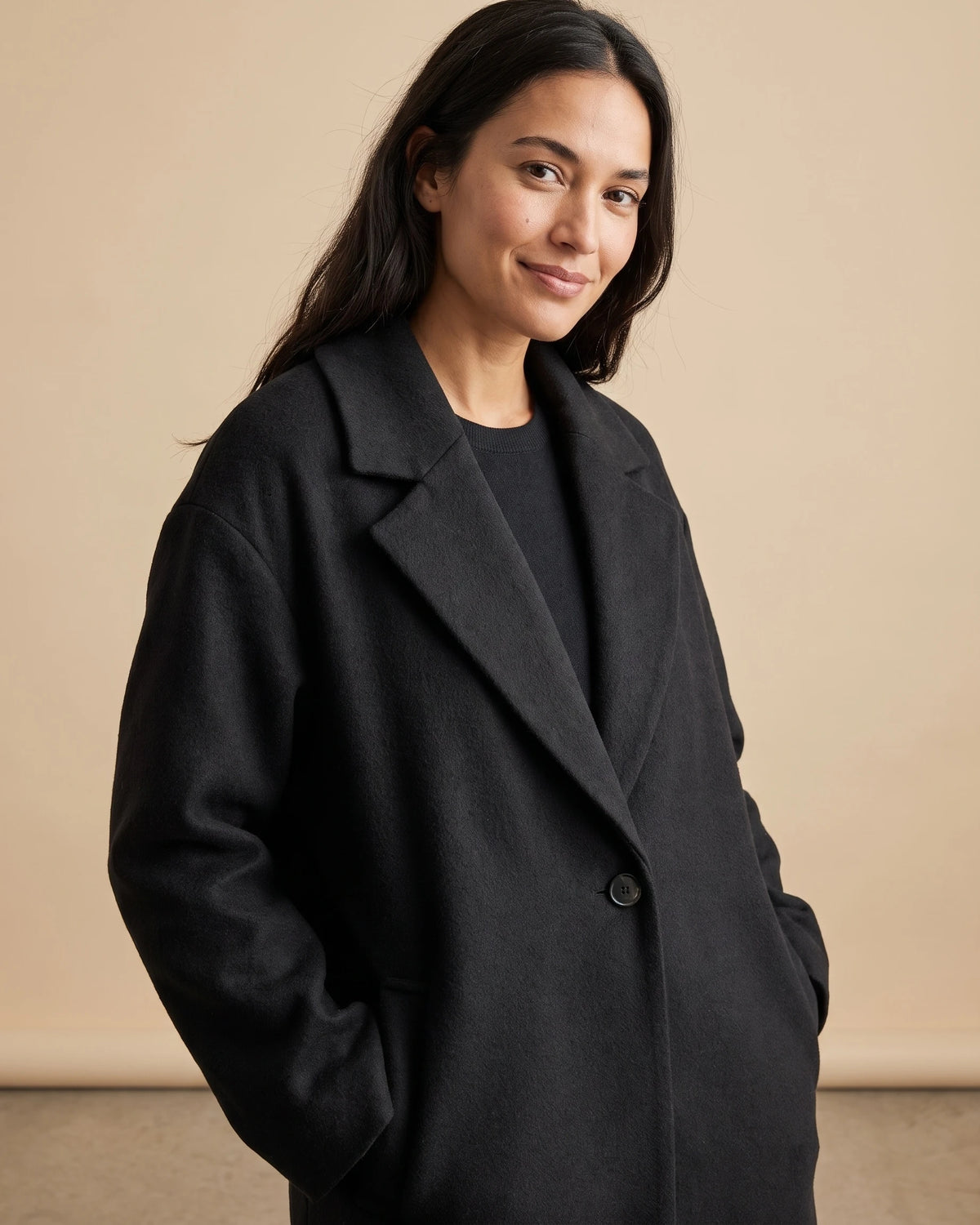 Women's Oversized Wool Coat Midi Length with Notched Lapel, Button Fastening, Wool Blend Oversized Coat – Emma