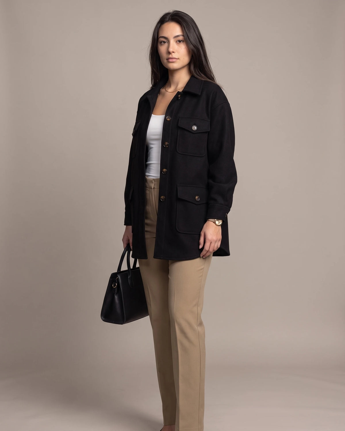 Women's Oversized Shacket in Wool-Look with Flap Chest Pockets – Dahlia