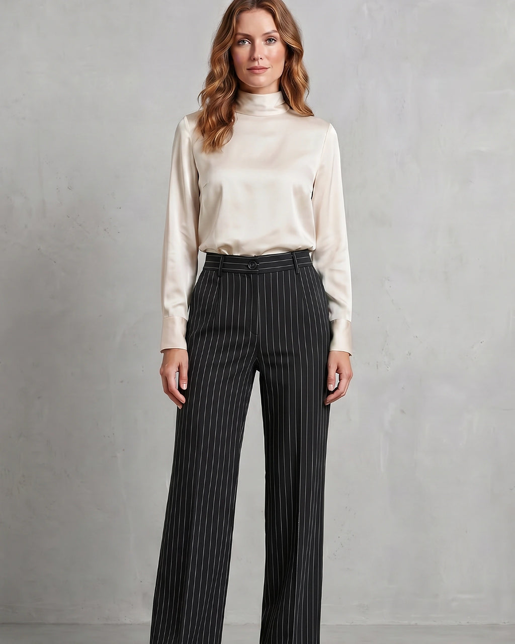 Women's Pinstripe Wide Leg High Waisted Trousers with Front Pockets – Rhea Grey