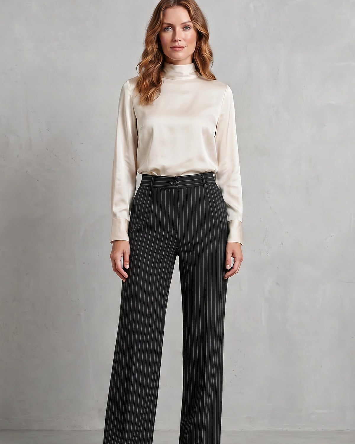 Women's Pinstripe Wide Leg High Waisted Trousers with Front Pockets – Rhea Grey