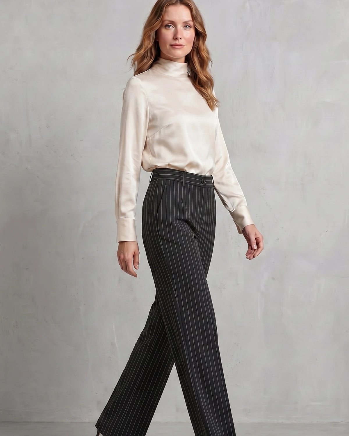 Women's Pinstripe Wide Leg High Waisted Trousers with Front Pockets – Rhea Grey