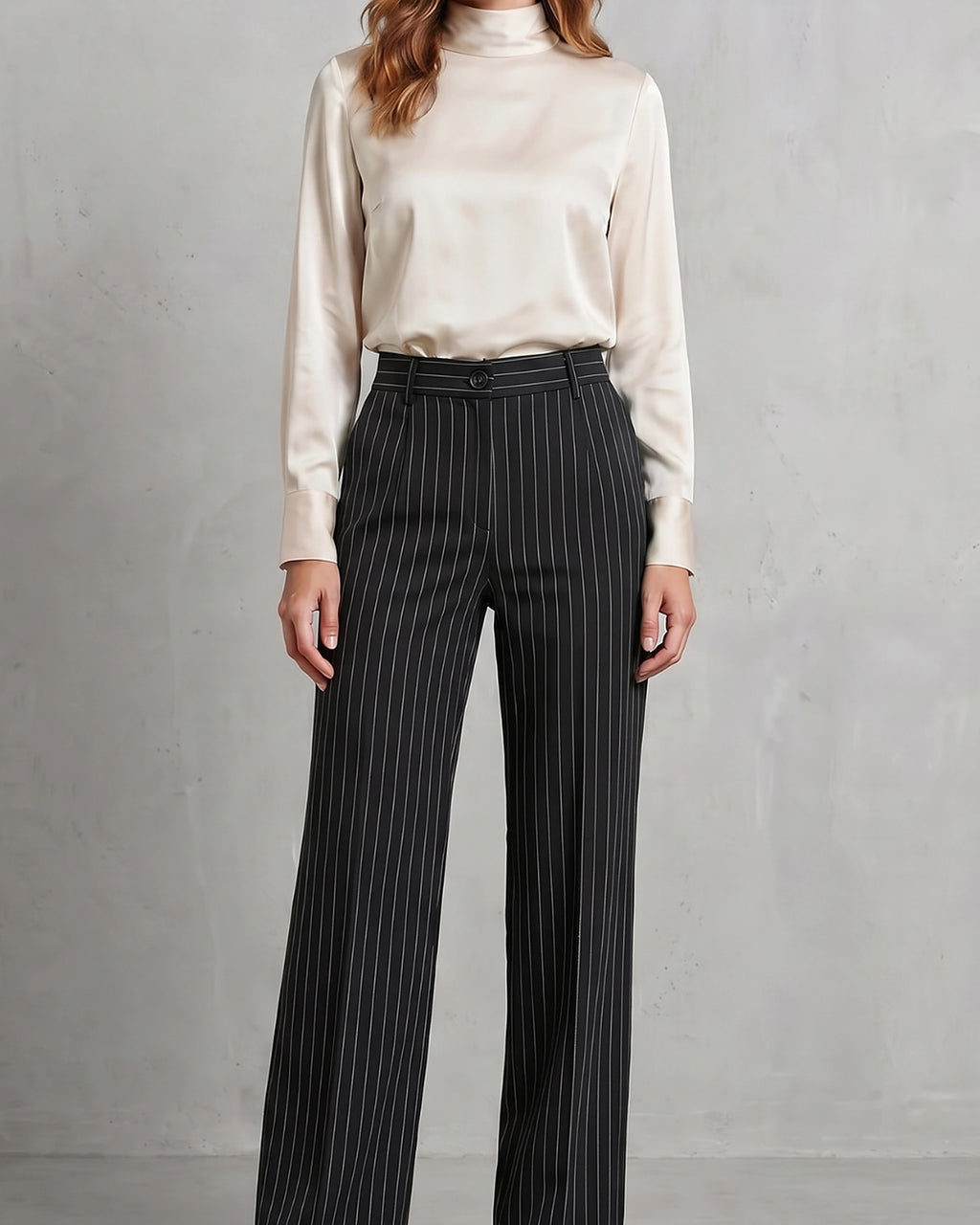 Women's Pinstripe Wide Leg High Waisted Trousers with Front Pockets – Rhea Grey